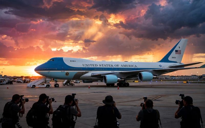 Air Force One on the tarmac with press photographers nearby