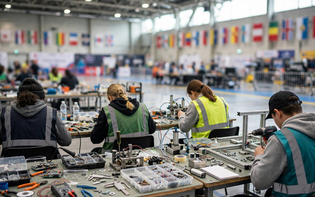 Young competitors at workbenches in a skills competition arena