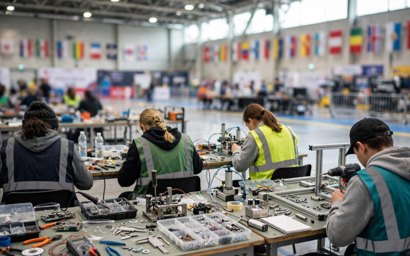 Young competitors at workbenches in a skills competition arena