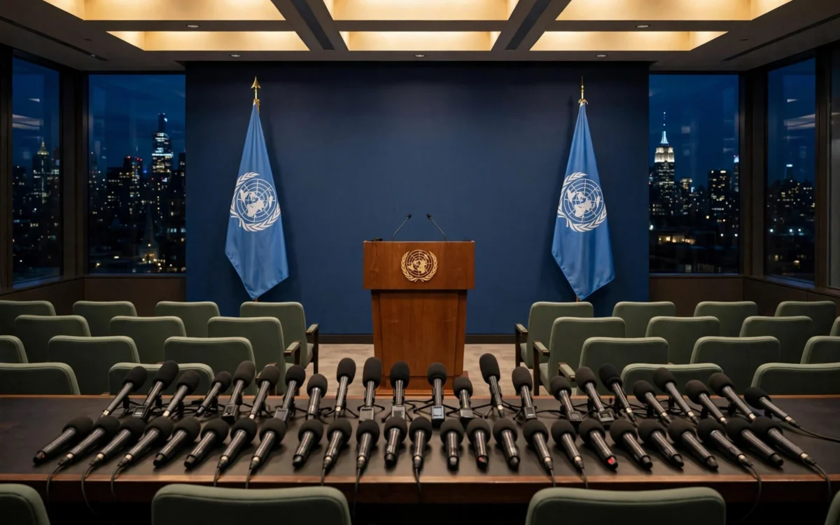 Ukrainian President Volodymyr Zelenskyy speaking to reporters in New York