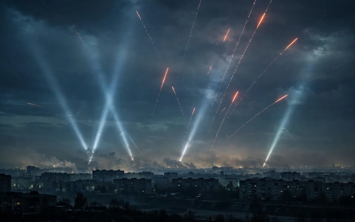 Searchlight beams and anti-aircraft fire light up a night sky over a Ukrainian city.