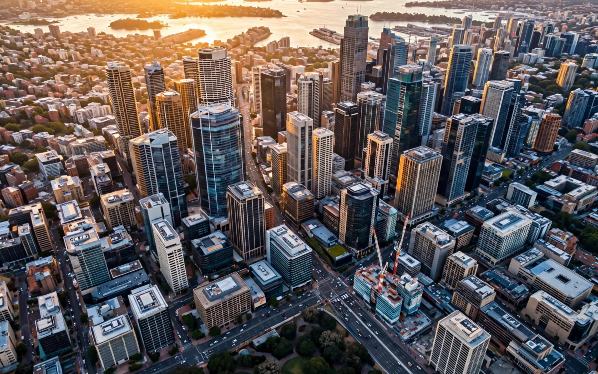 A modern Sydney financial district skyline with office towers, representing the private credit fund sector under scrutiny in Australia.