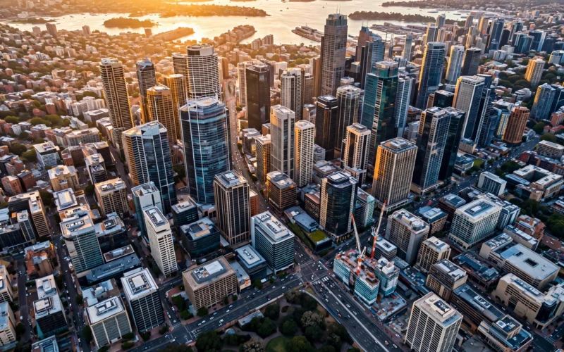 A modern Sydney financial district skyline with office towers, representing the private credit fund sector under scrutiny in Australia.