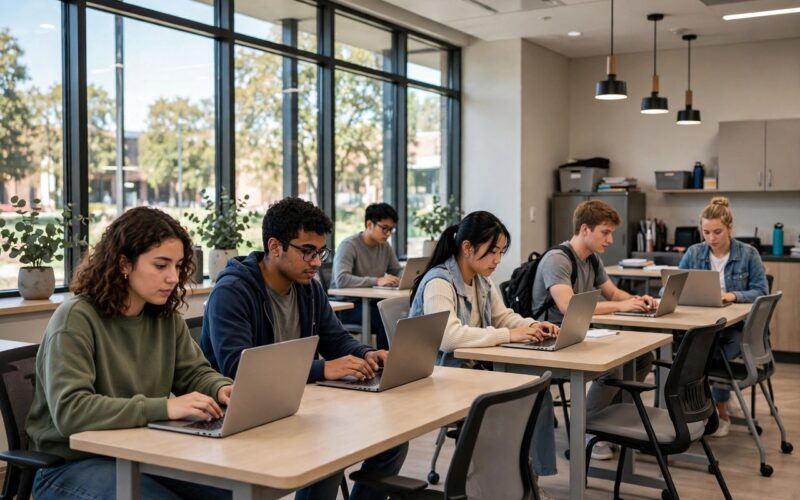 Students using laptops in a modern digital classroom