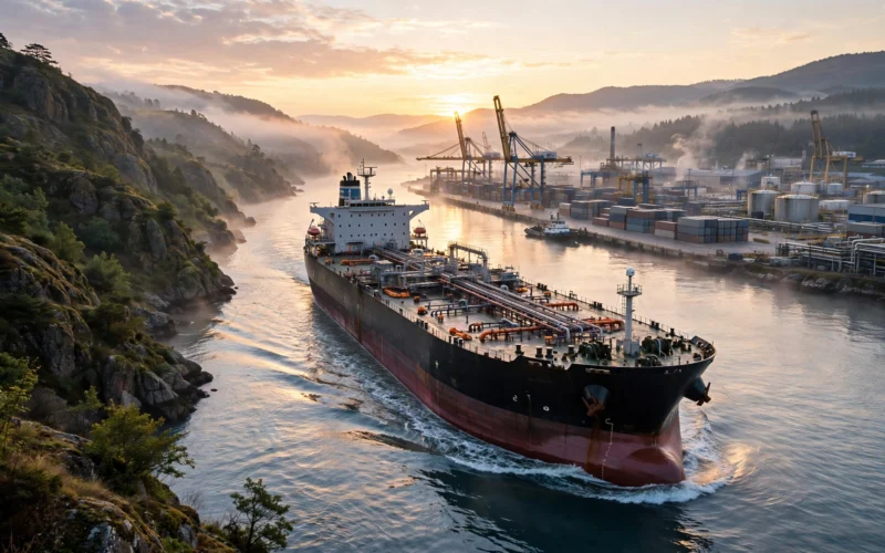 Oil tanker in the Strait of Hormuz at sunrise