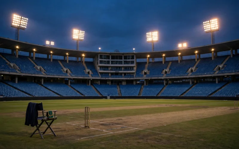 An empty cricket stadium floodlit at dusk with a pitch in the foreground, evoking leadership change at Cricket Australia.
