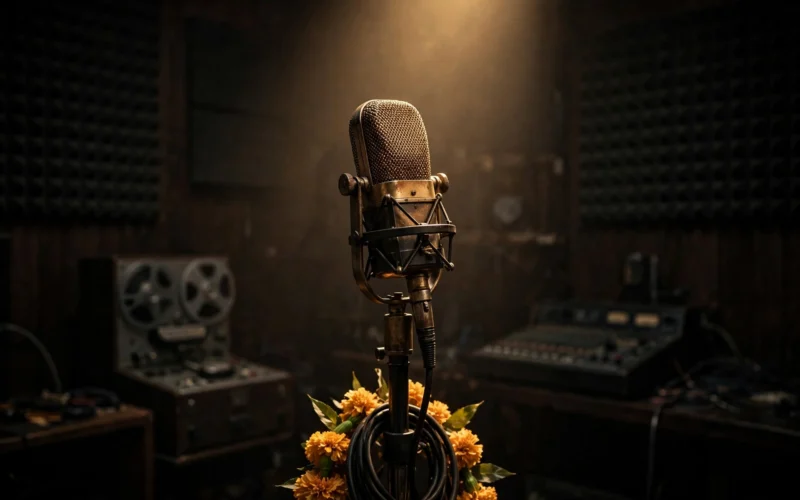 A vintage microphone under a warm spotlight in a dark recording studio, evoking a tribute to a legendary playback singer.