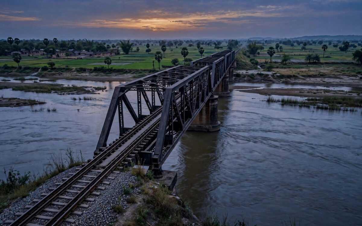 A rail bridge over a wide river in Bihar with railway tracks