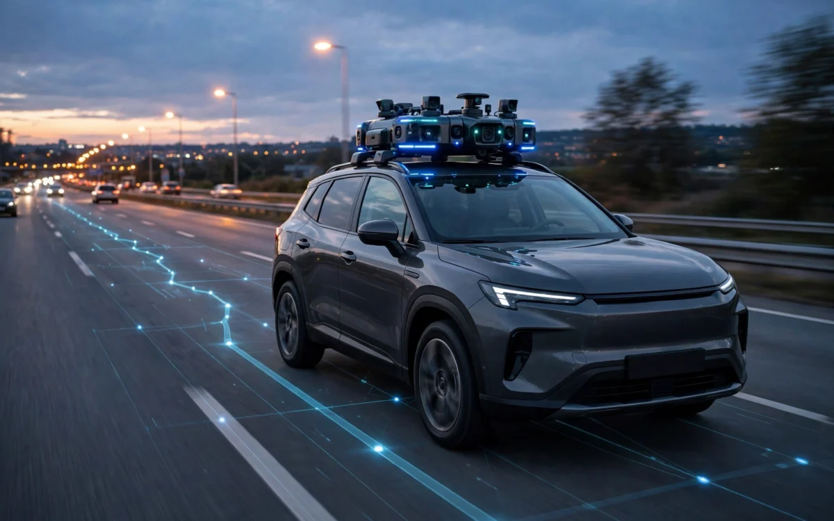 A modern SUV driving on a highway at dusk with a glowing sensor array and digital route overlay.