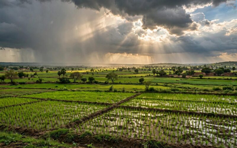 Rain clouds over Indian farmland explaining the monsoon deficit