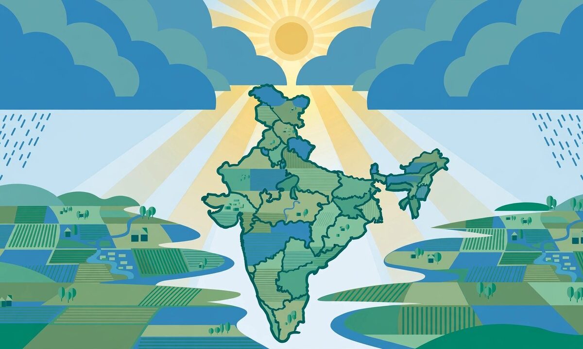 Editorial illustration of monsoon clouds retreating over Indian farmland with a sun breaking through