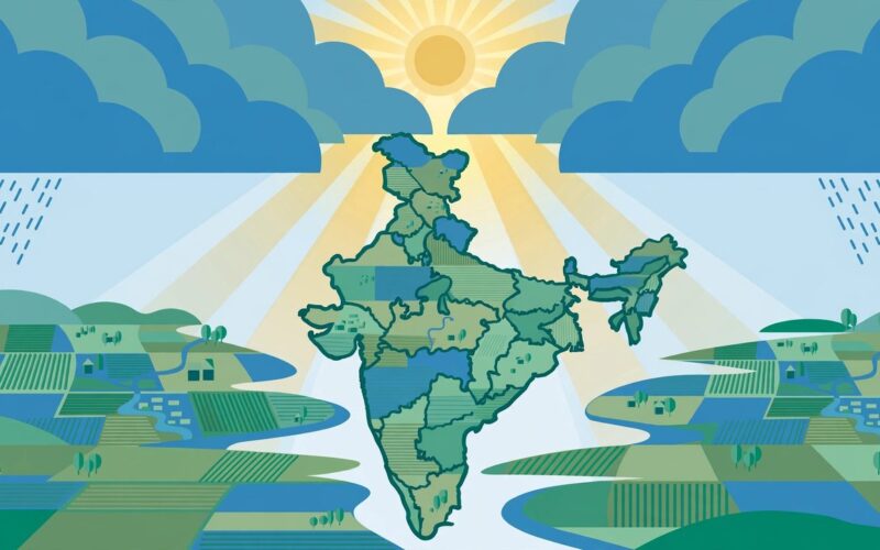 Editorial illustration of monsoon clouds retreating over Indian farmland with a sun breaking through