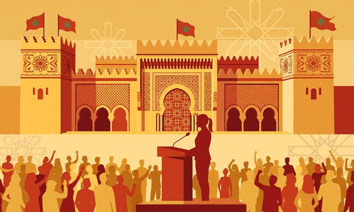 Editorial illustration of a woman prime minister taking oath before Moroccan flags