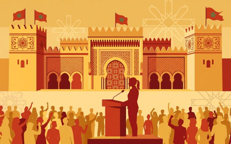 Editorial illustration of a woman prime minister taking oath before Moroccan flags