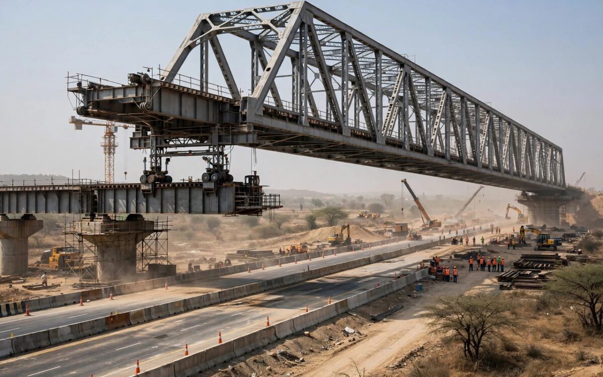 High-speed rail construction with a steel bridge over a highway