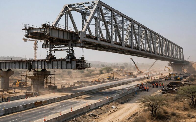 High-speed rail construction with a steel bridge over a highway