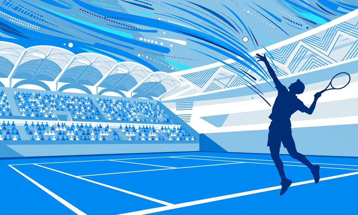 Editorial illustration of a tennis player serving at the Asian Games stadium