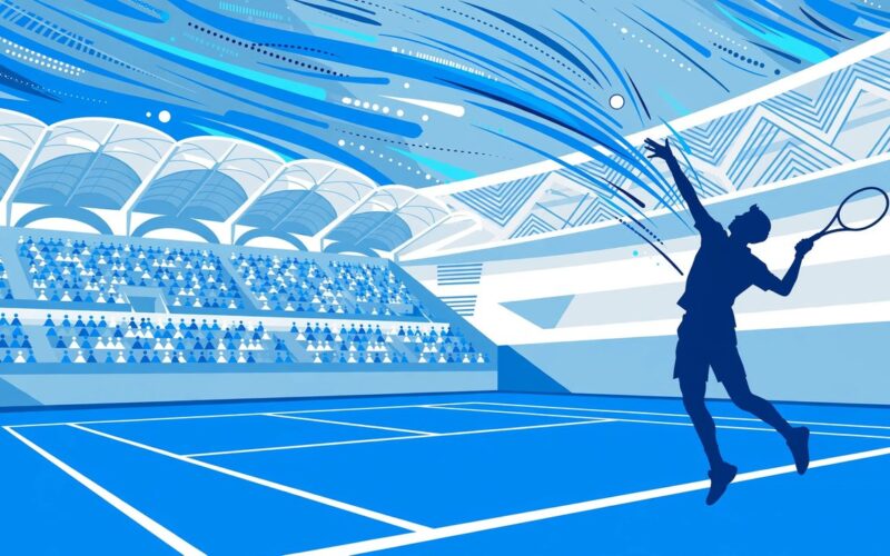 Editorial illustration of a tennis player serving at the Asian Games stadium