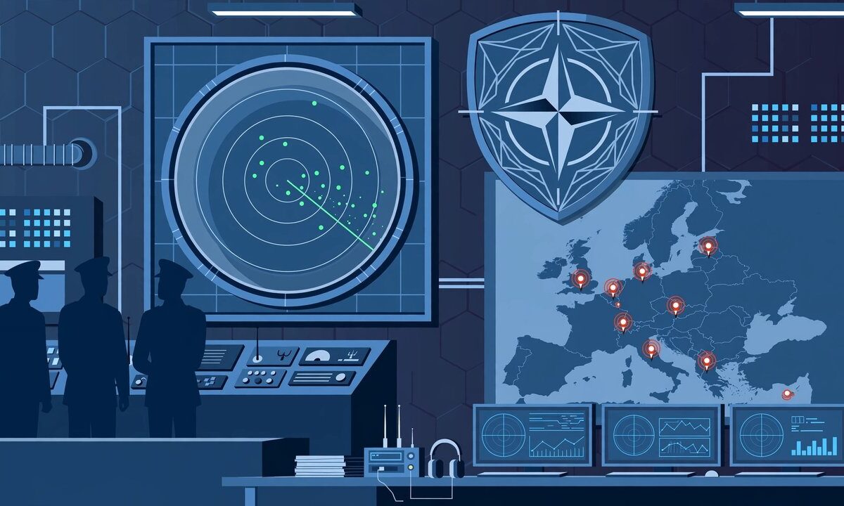 Editorial illustration of NATO headquarters with radar and cyber threat motifs