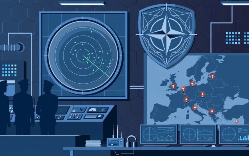 Editorial illustration of NATO headquarters with radar and cyber threat motifs