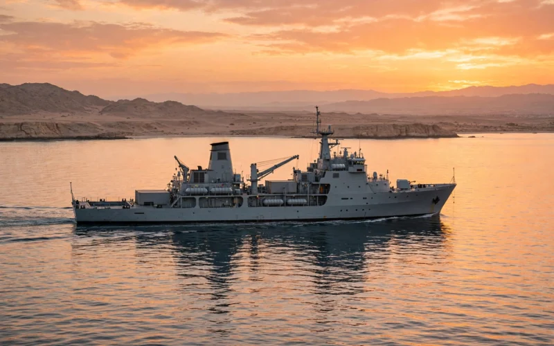 A gray naval support vessel sailing on calm water in a strait at sunset, with an arid coastline on the horizon.