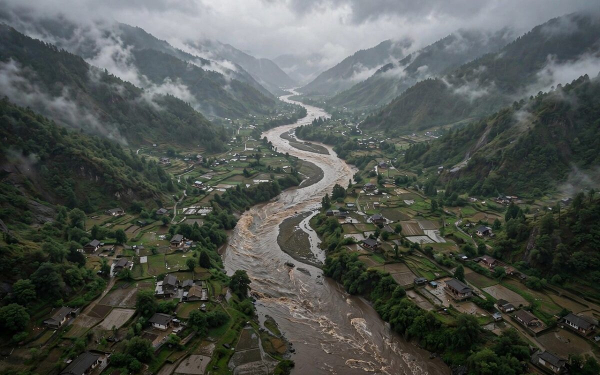 Aerial view of a flooded river valley with damaged homes in Nepal's mountain districts