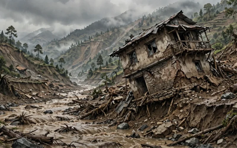 Nepal Ward Office Slides Into Daram River Amid Heavy Rain