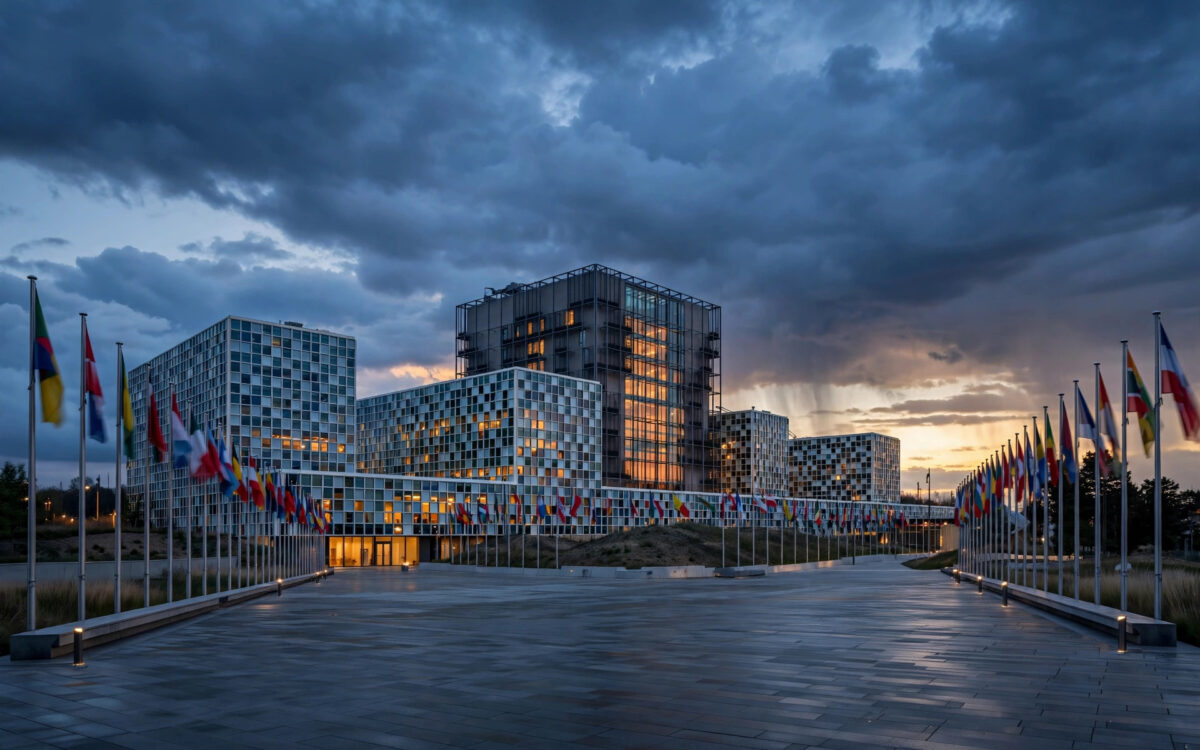 The International Criminal Court building in The Hague stands under a dramatic evening sky with flags outside.