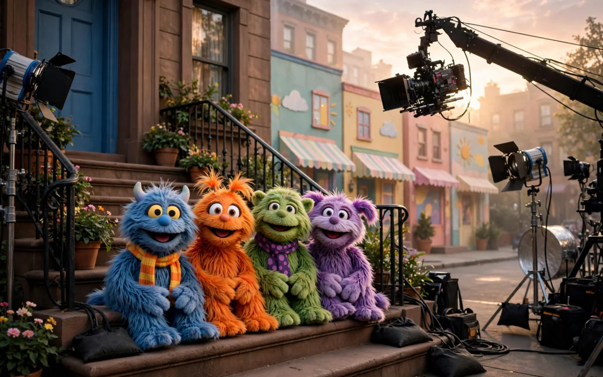 Elmo and Cookie Monster puppets on the Sesame Street stoop at sunrise, with a film camera crane silhouetted nearby.