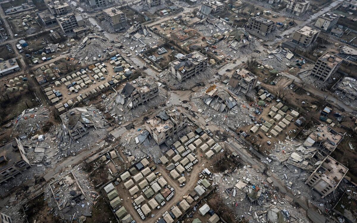 Aerial satellite-style view of destroyed city blocks with rubble and tent clusters