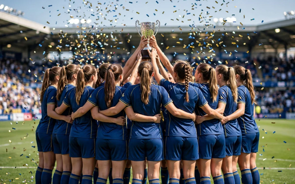 A young women's football team lifting a trophy in a bright stadium, confetti in the air, capturing a championship victory.
