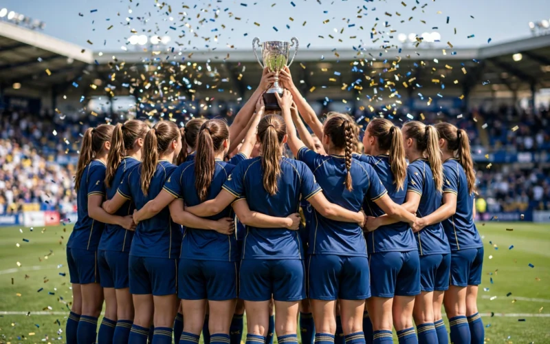 A young women's football team lifting a trophy in a bright stadium, confetti in the air, capturing a championship victory.