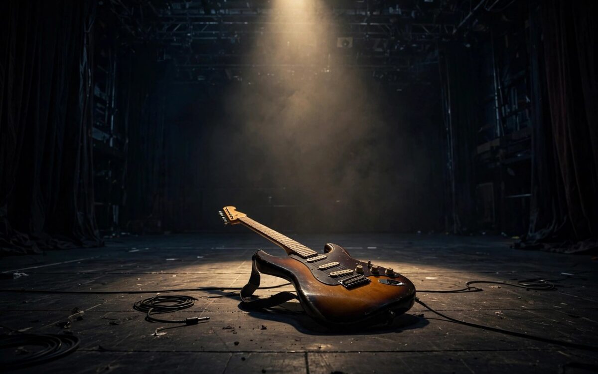 An electric guitar resting on an empty stage under a single spotlight