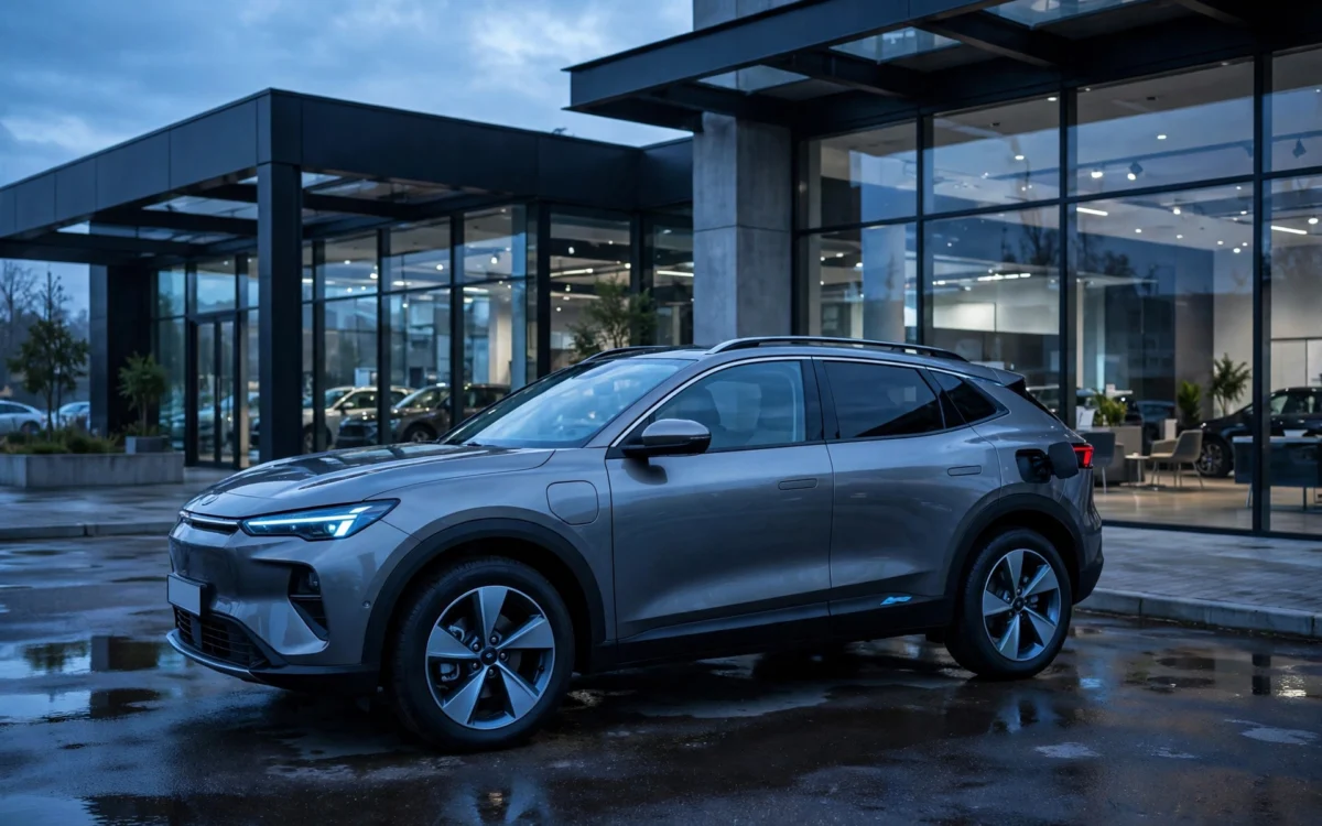 A Nissan Rogue hybrid SUV parked in front of a modern dealership with blue morning light.
