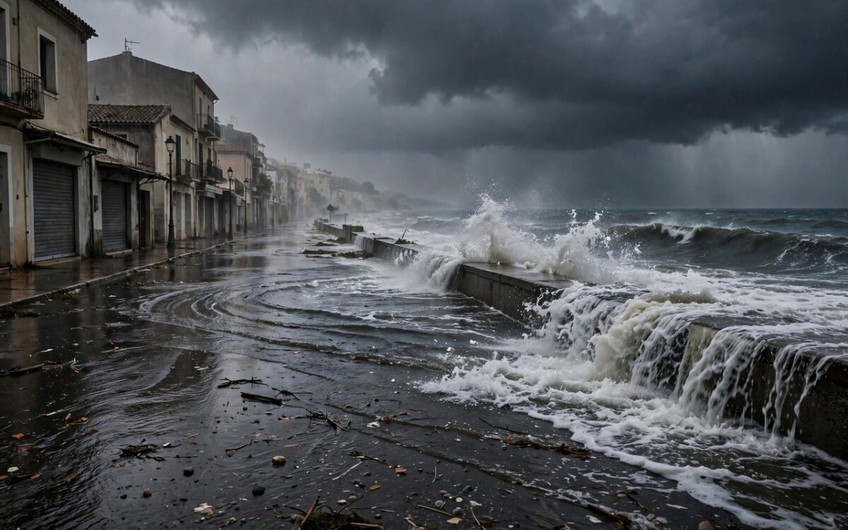 Flooded coastal street with waves washing over the road during a storm