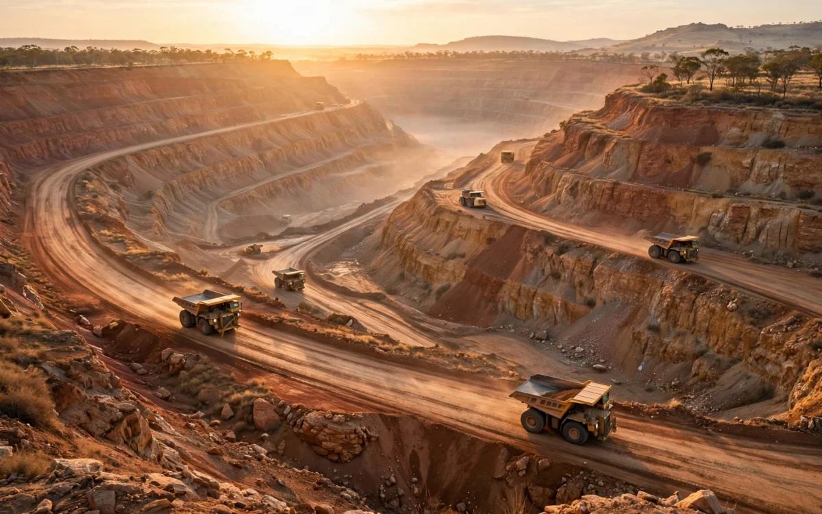 A vast open-pit gold mine in Australia at sunrise, with haul trucks on terraced benches over ochre earth.