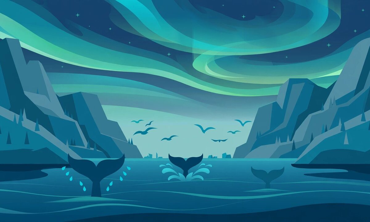 Editorial illustration of a protected Norwegian fjord with whales and seabirds under the aurora