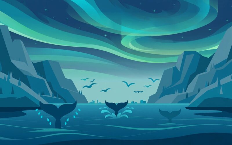 Editorial illustration of a protected Norwegian fjord with whales and seabirds under the aurora