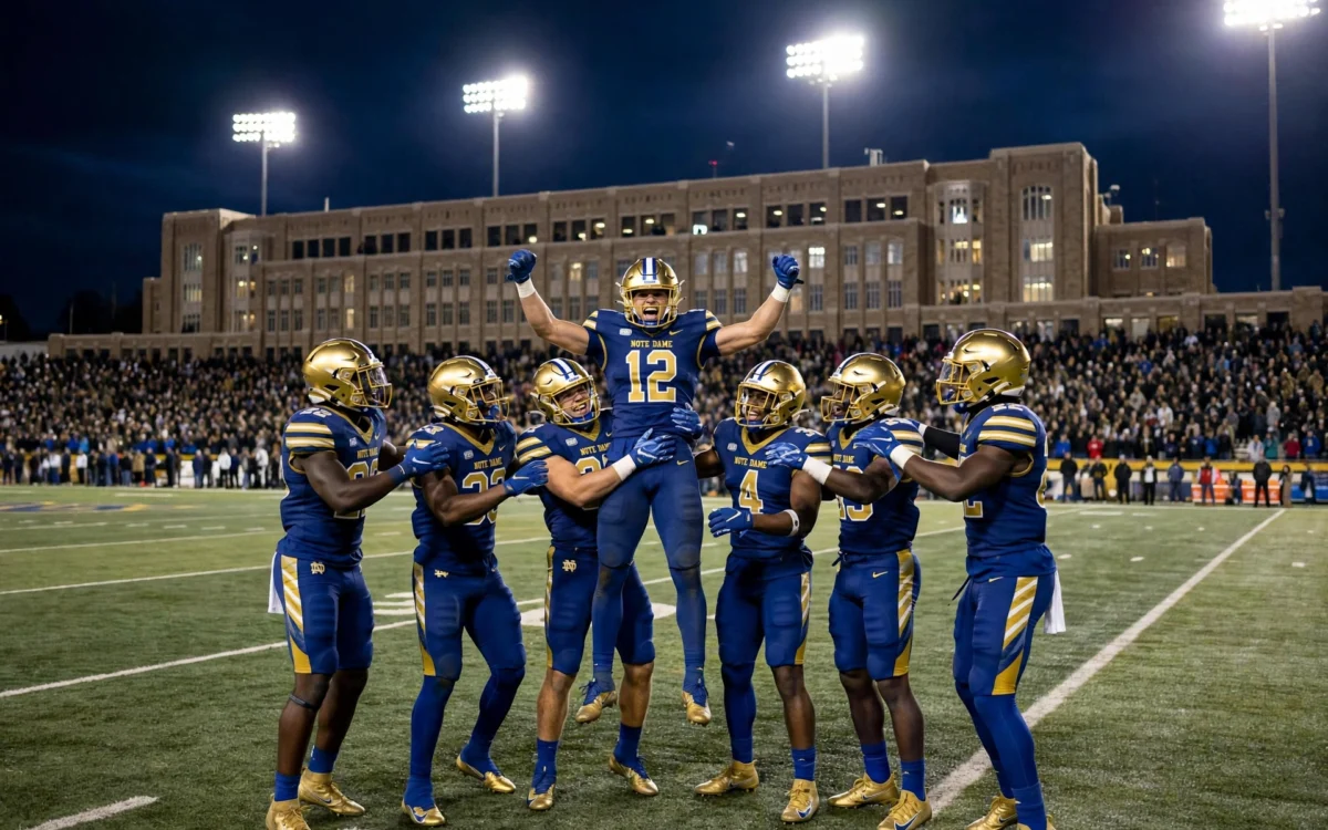 Notre Dame Fighting Irish football players celebrating on the field at Ross-Ade Stadium