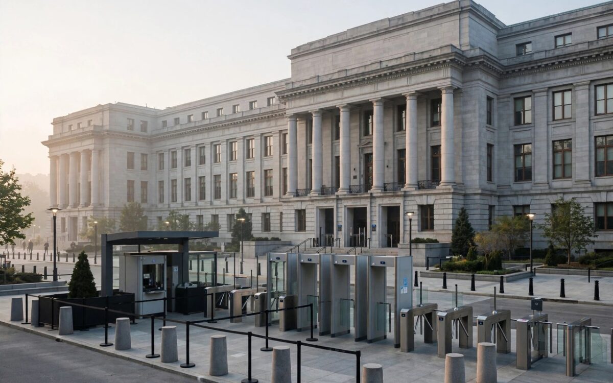 Security screening gates and metal detector outside a large government office building