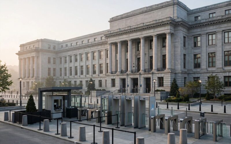 Security screening gates and metal detector outside a large government office building