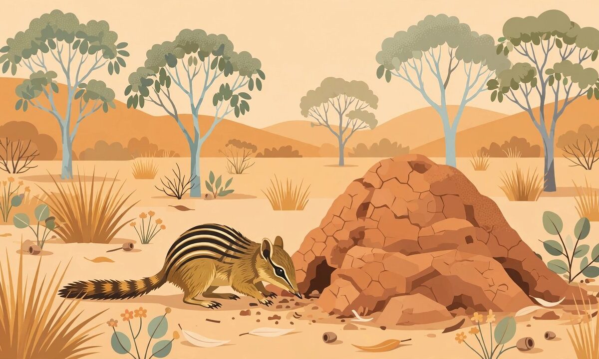 Editorial illustration of a numbat foraging at a termite mound in the Australian bush