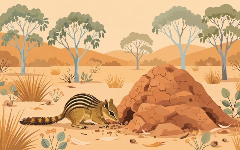 Editorial illustration of a numbat foraging at a termite mound in the Australian bush