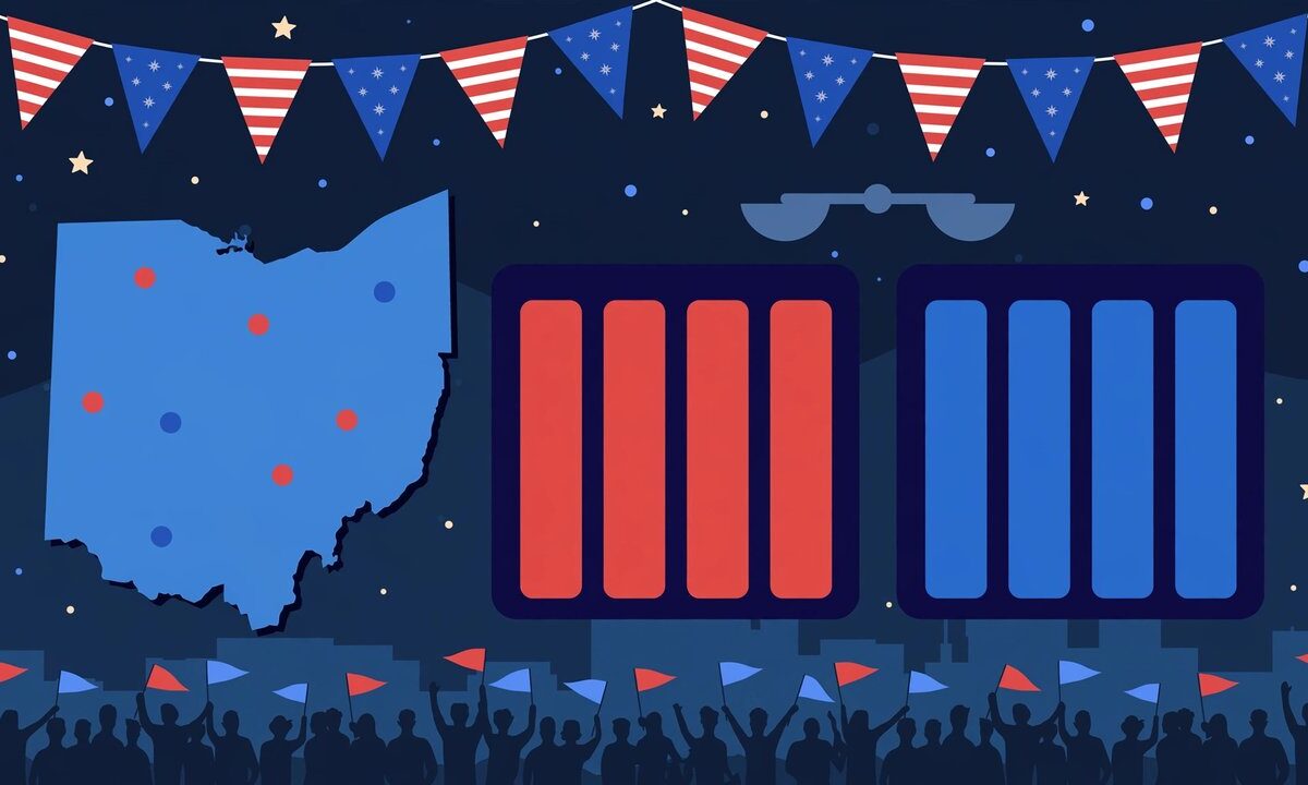 Editorial illustration of Ohio election map with tied poll numbers