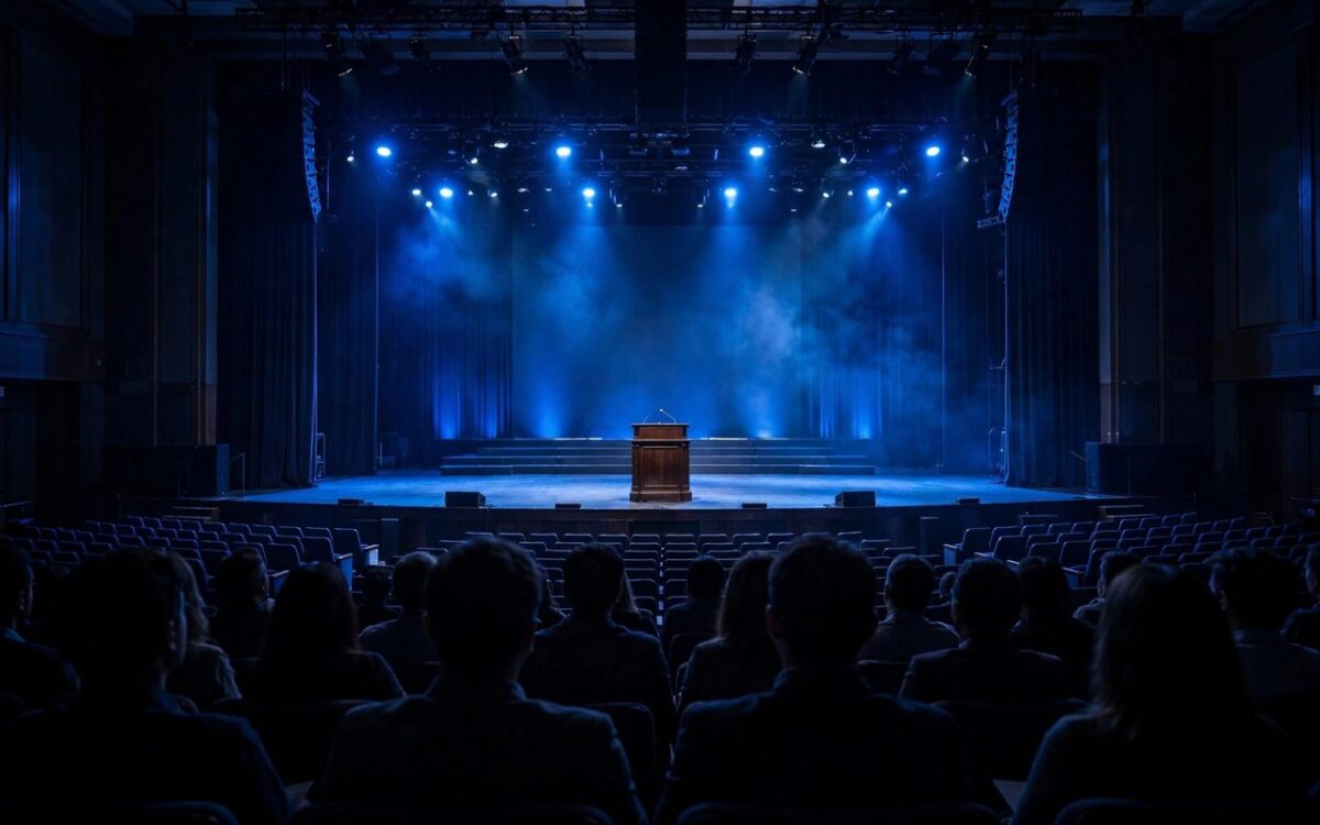 Auditorium stage at a technology conference with lights