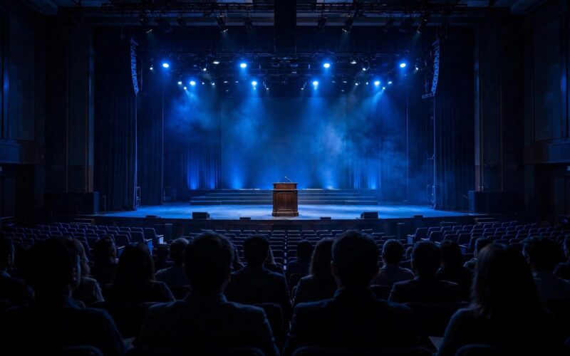 Auditorium stage at a technology conference with lights