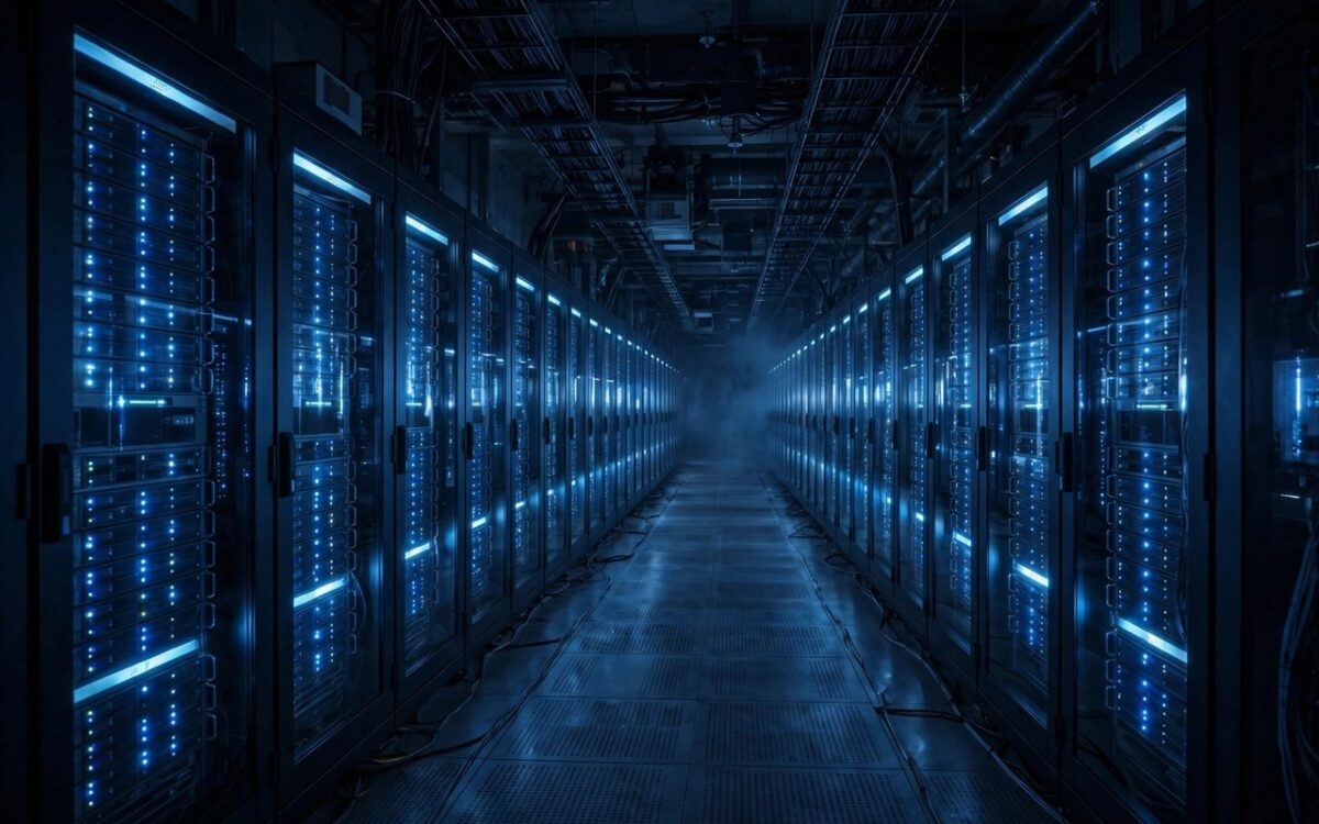 A data center corridor with rows of glowing server racks