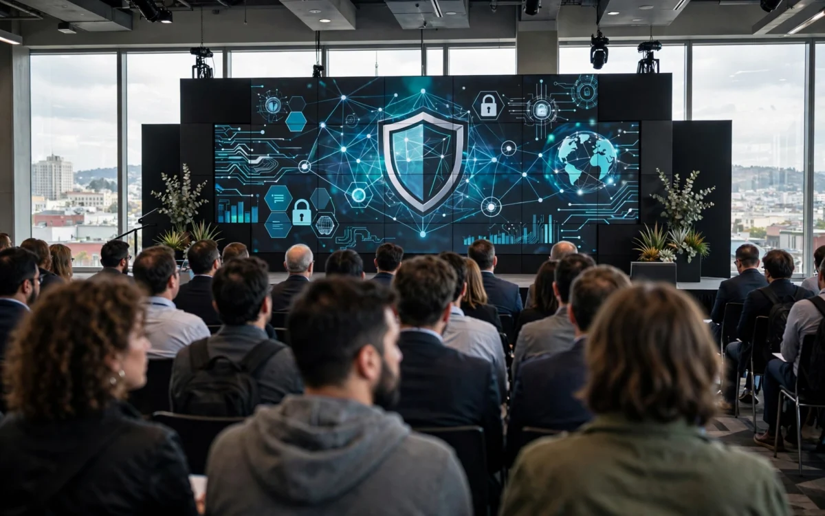 OpenAI DevDay stage with a screen showing cybersecurity graphics and an audience seated in front