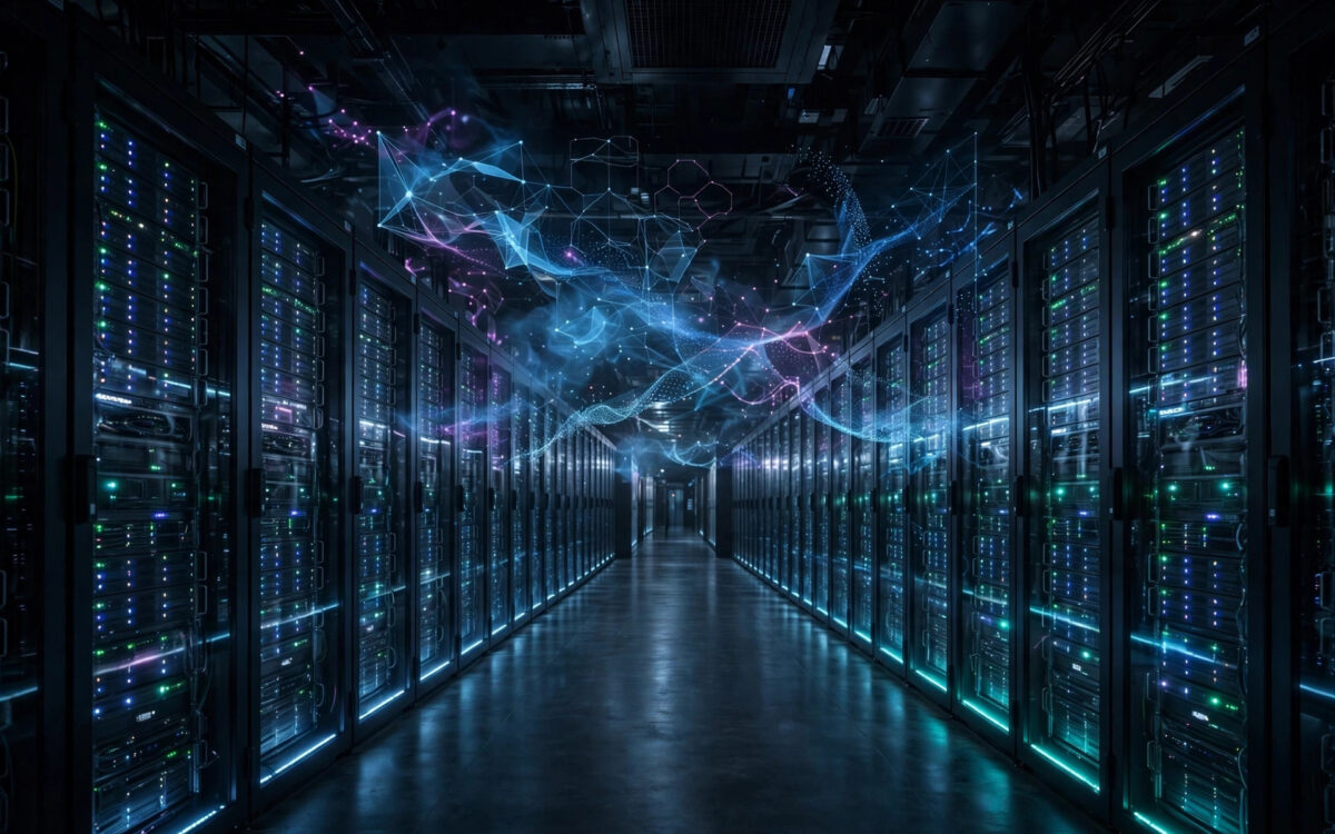 Rows of glowing server racks in a dark data center, representing AI model training.