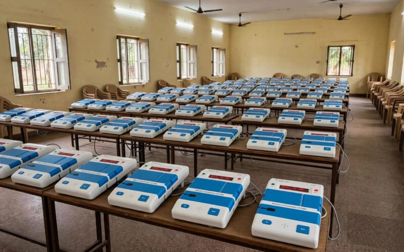 Rows of electronic voting machines inside an Indian polling hall, no people.